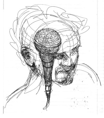 A pen sketch of a head behind a microphone.