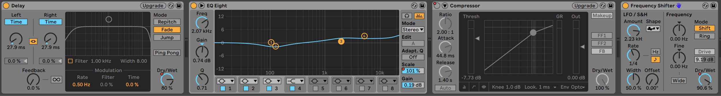Ableton device chain: Delay, EQ Eight, Compressor, Frequency Shifter.