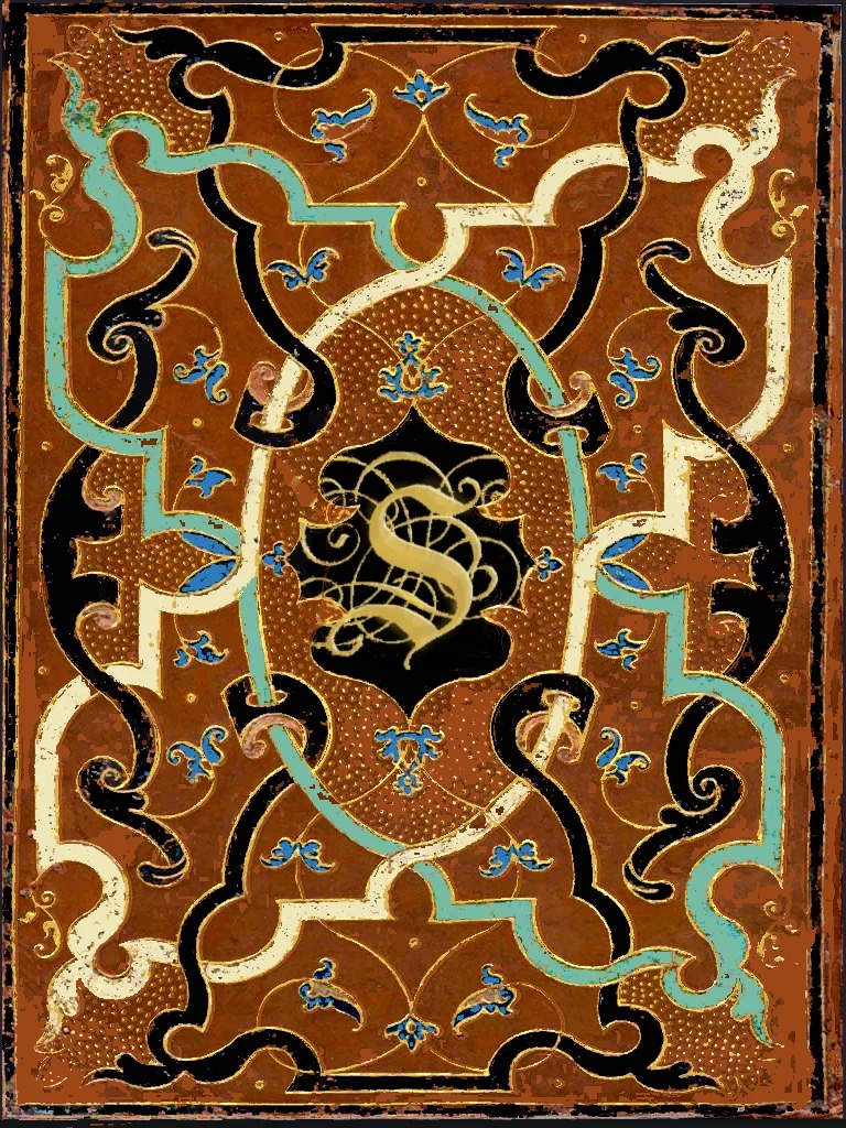 An ornate gold S on a patterned brown and turquoise cover.