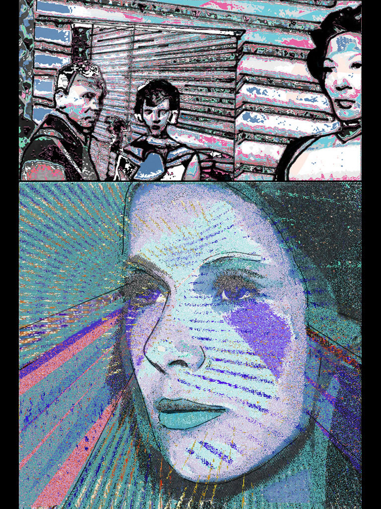 Artwork from The Book of Sarth: three figures in a doorway above a large face streaked with coloured lines.