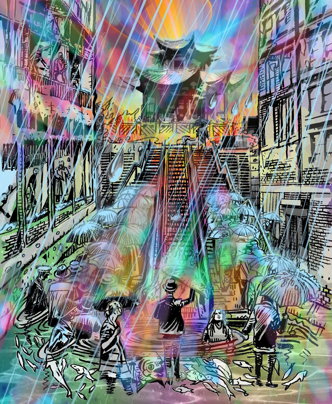 Artwork from The Book of Sarth, colour rain.