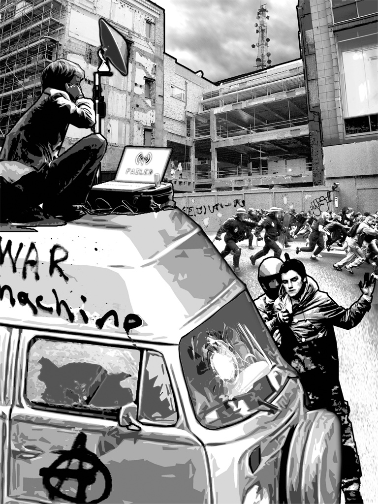 Artwork from The Book of Sarth: a riot in a city street around a van scrawled “War machine”.