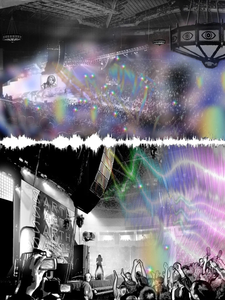 Artwork from The Book of Sarth: a crowd at a concert under coloured light, split by a waveform.