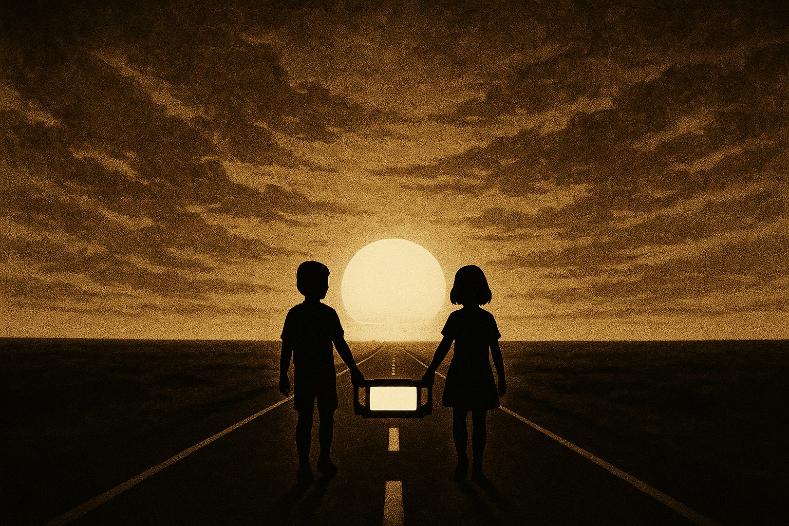 Two children in silhouette carrying a glowing screen down a road toward a low sun.