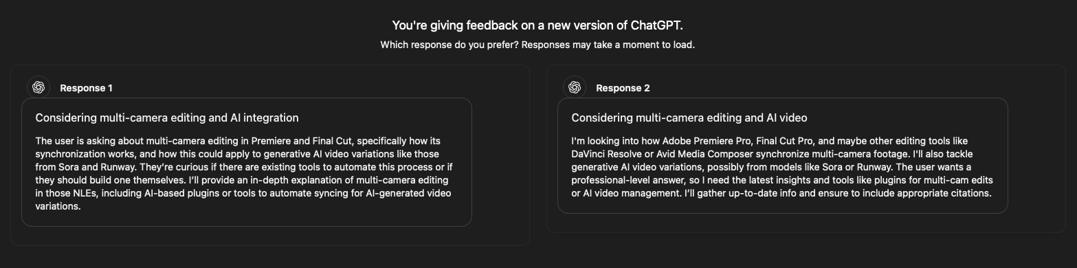 ChatGPT’s “You’re giving feedback on a new version of ChatGPT” screen: two responses side by side about multi-camera editing and AI video.