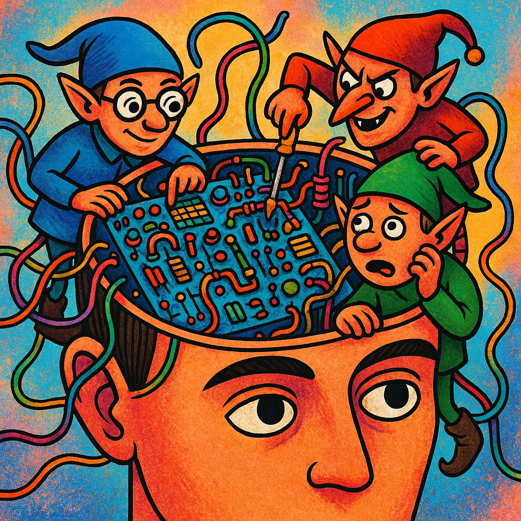 An illustration of three elves wiring a circuit board inside an open human head.