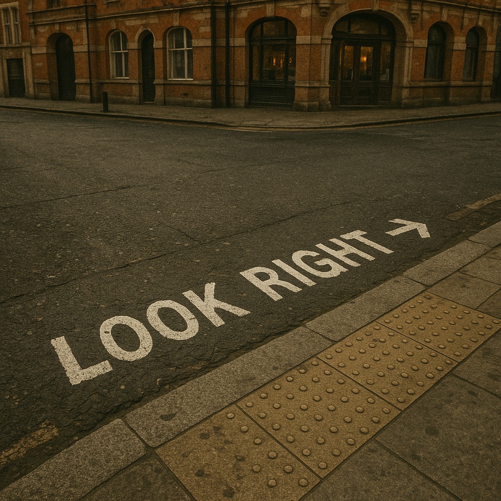 A London street corner with “LOOK RIGHT →” painted on the road at the crossing.